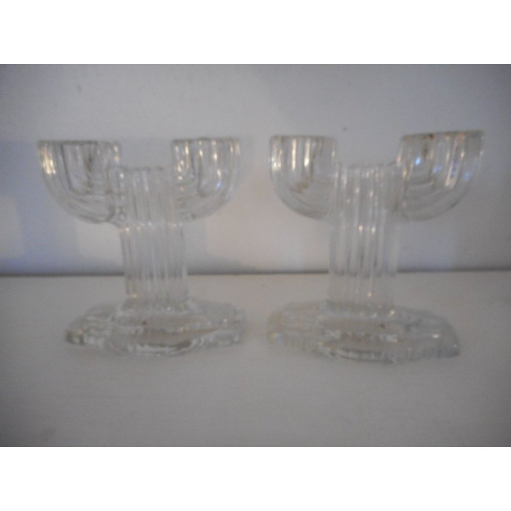 Set of 2 Vintage Anchor Hocking Queen Mary Clear Cactus Art Deco Candleholders